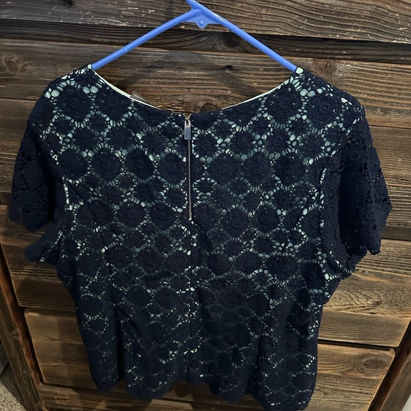 Vince Camuto Career Top Plus Size 2X Navy Blue Green Short Sleeve Crochet Cotton - Picture 2 of 5